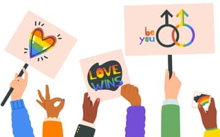 Cartoon hands holding up LGBTQIA+ support banners