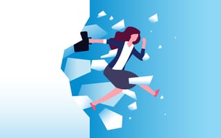 A businesswoman with a briefcase. She is breaking through a white glass wall, with shards of the wall coming off behind her.