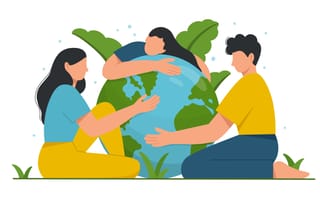 Illustrated image of three people hugging the world