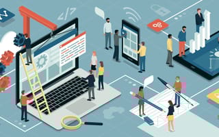 Small people crowded around and working on a large laptop, tablet, and phone.
