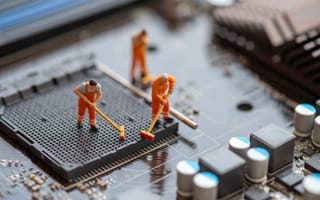 Tiny figurines clean the inside of a computer.