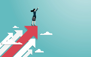 A woman rides an arrow upward into future career opportunities.