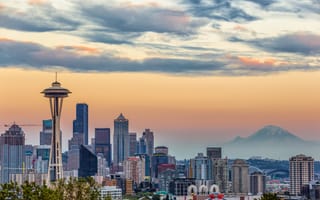 The Seattle skyline at sunrise.