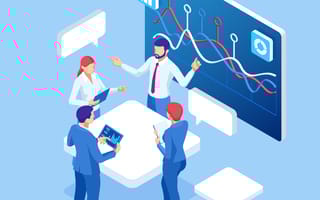 Four figures stand around a table and discuss operations
