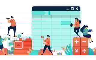 Figures using software for accounting with sheet, formula, calculators.