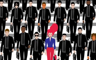 Woman surrounded by men.