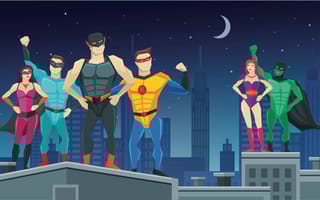 Superheroes posing confidently in brightly-colored outfits on top of buildings.