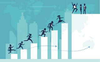 Businesspeople running up a bar graph that increases in height, with several celebrating at the top.
