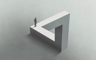 Silhouette of a person standing on a Möbius strip-type pier on a grey empty background