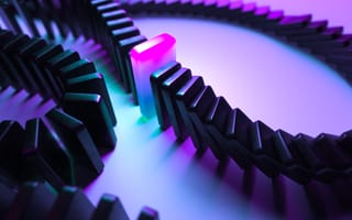 Concept photo of a line of black dominoes falling until they are stopped by a glowing purple domino.