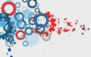 Red and blue gears used to portray an abstract global infinity computer technology concept