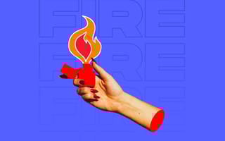 A collage photo of a realistic hand lighting a hand drawn lighter in front of a blue purple background.