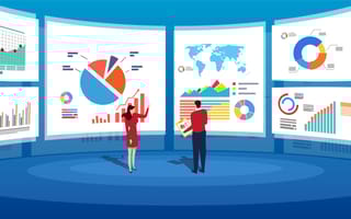 Illustrated people analyzing data on big data screens