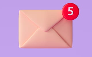 A 3D render of a pink envelope on a purple background with a red email notification indicating 5 unread emails