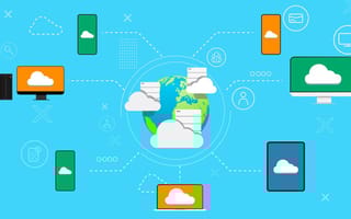 Sky blue background with cloud computing design concept with mobile devices and computers
