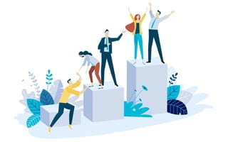 Illustration of different sized blocks with people helping each other to get up to the highest platform