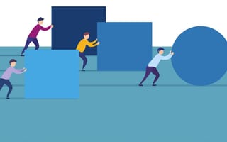 Illustrated people pushing square and circle shapes