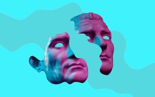 A Greek statue face broken against a bright blue background.