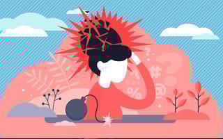 Illustration of a woman's head exploding under anxiety pressure, social demands and work life balance problems.