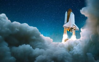 A rocket ship taking off into outer space.