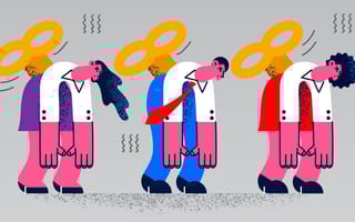 Illustration of diverse employees with wind-up key in back overwhelmed with office work feel fatigue at workplace.