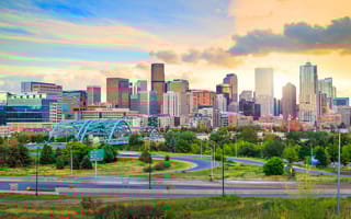 Panorama view of Denver skyline at twilight