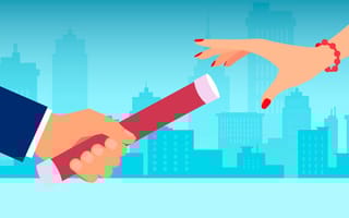 Illustration of a businessman passing relay baton to a businesswoman