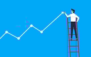 Illustration of a businessman standing on a ladder drawing an arrow line symbol in an upward direction