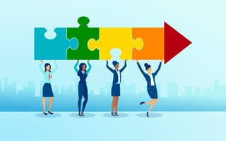 Illustration of diverse young women holding puzzle pieces shaped as an arrow