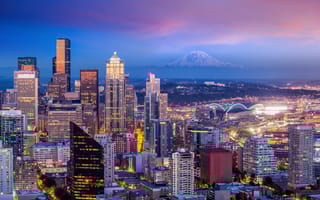 Downtown Seattle at sunset.