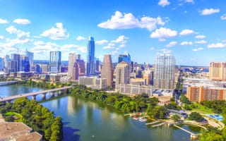An aerial view of Austin, Texas and its river.
