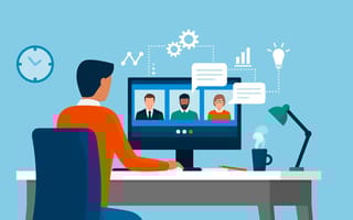 Illustration of a man sitting at a desk conducting a video interview