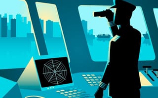 illustration of a ship captain using a binoculars in navigation room