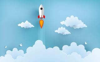 Illustration of rocket flying over clouds