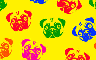 Illustration owith many pug dog heads in different colors