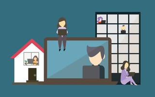 Illustration of hybrid work environment with colleagues woking from home and the office