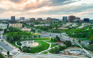 Aerial view of urban park in business park in Denver, Colorado