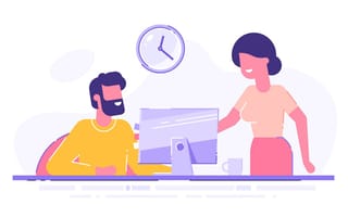 Illustration of a man sitting at a desk with monitor and his colleague standing next to him is pointing at the screen