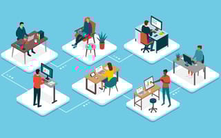 Illustration of workers connecting with their computers and working with their colleagues online