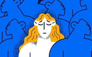 Illustration of a woman with yellow hair standing out among a crowd of blue figures.