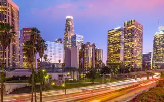 Downtown Los Angeles skyline at sunset