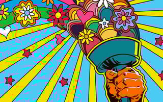 Psychedelic art style illustration with hand holding a torch with multi-colored flowers, hearts and stars