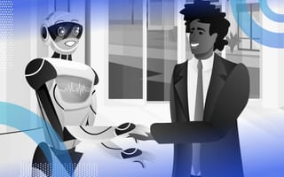 A cartoon robot and a man in a suit shake hands. /artificial-intelligence/ai-trust–model-governance