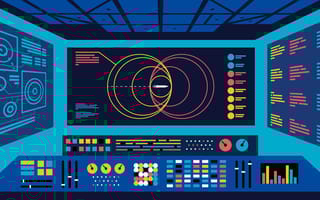 Illustration of flying mission control center monitoring spaceflight.