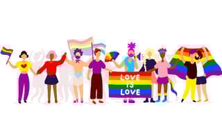 Illustration of interracial group of gay, lesbian, transgender activists participating in lgbtq pride.
