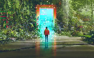 An illustration showing a boy standing in front of a magical gate with glowing blue light in a beautiful forest