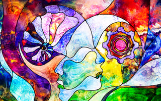 Stained glass of human profiles with seashell and gear wheel symbols drawn with organic patterns
