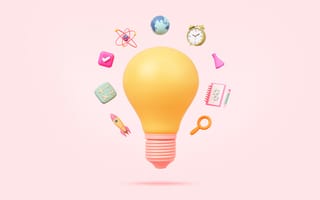 A lightbulb with different objects circling around in including a rocket, globe, clock and magnifying glass