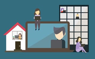 Illustration of some people working from home and some people working in an office showing a hybrid workplace