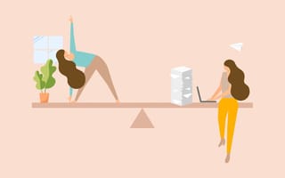 Illustration depicting work life balance with a woman doing yoga on one end of a seesaw and working on a laptop on the other side